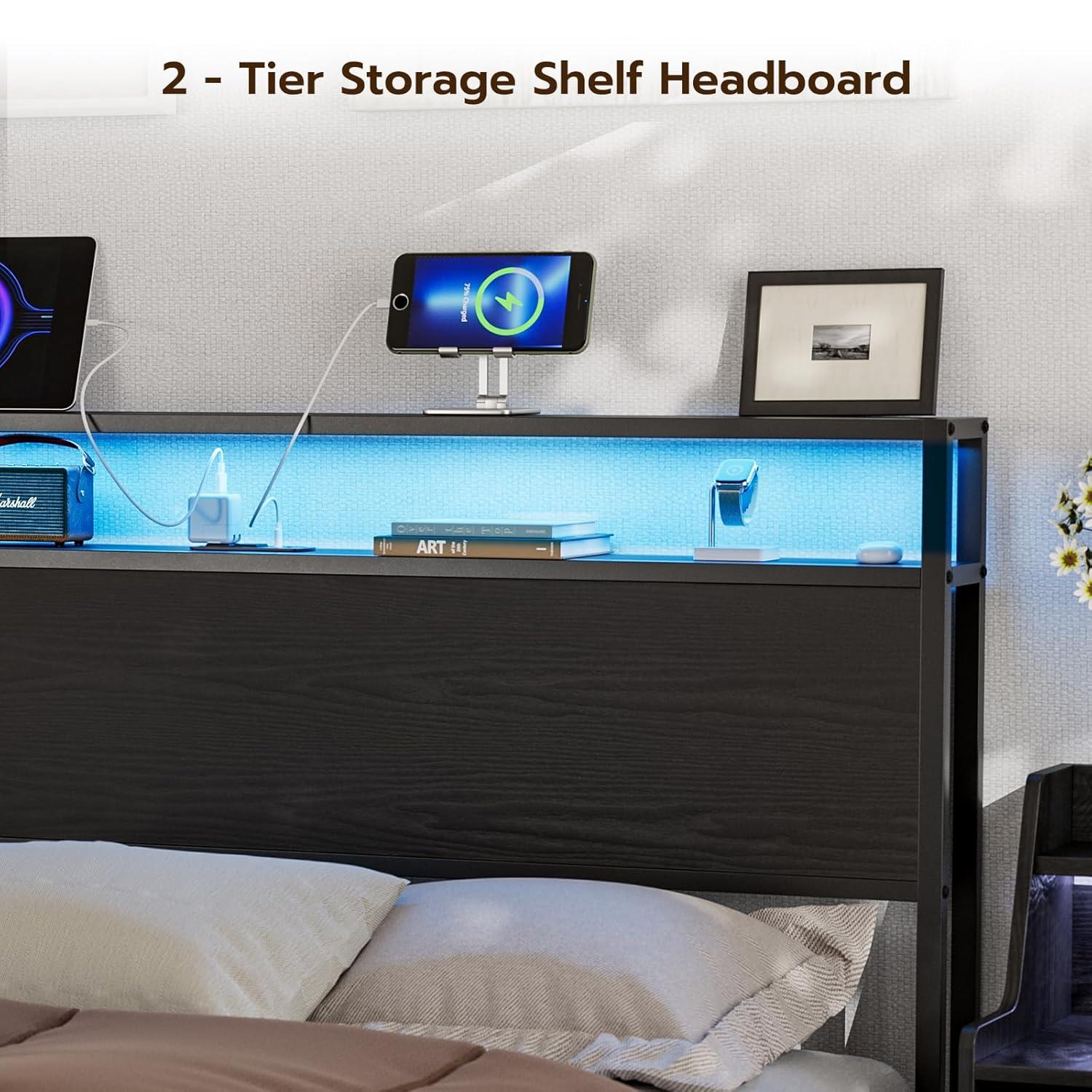 Ivy Bronx Kaiwei Storage Headboard With Led Lights & Charging Station - Industrial Metal And Wood
