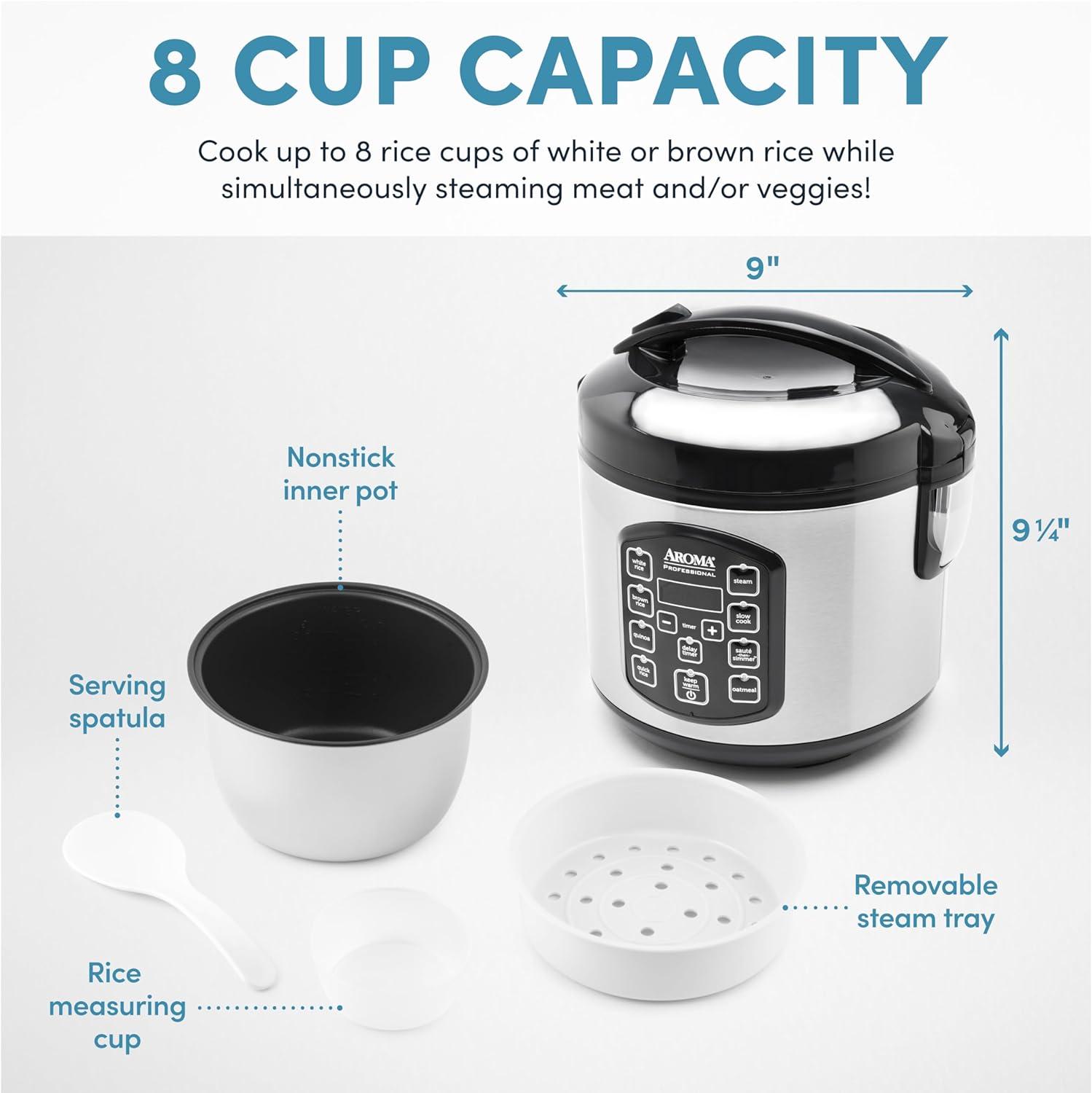 Aroma AROMA Professional Digital Rice Cooker, Multicooker, 4-Cup (Uncooked) / 8-Cup (Cooked), 2 Qt, Stainless Steel Exterior