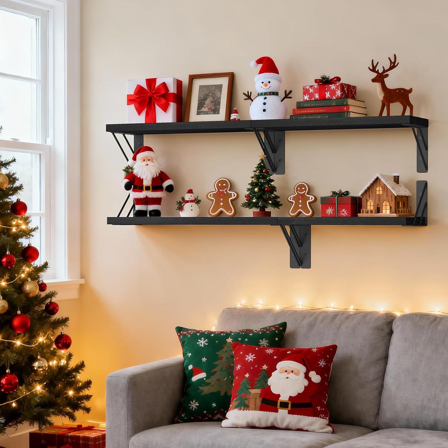 BAYKA Wall Mounted Floating Shelves, Wood Floating Wall Shelf for Books & Decor, Small Space-Saving Display & Organizer（Black，Set of 3）