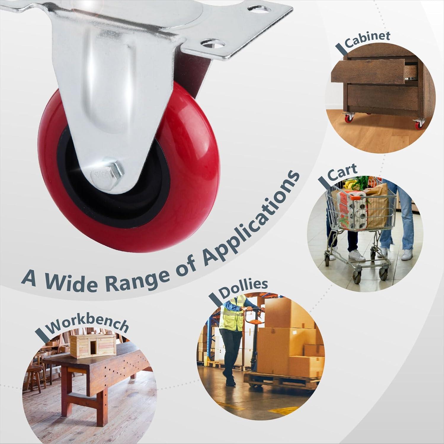 POWERTEC 4PK 3 inch Fixed Caster Wheels with 640 lbs Loads, Heavy Duty Plate Casters, Rigid Fixed Rubber Castor Wheels for Furniture, Cart, Dolly and Workbenches, 17207