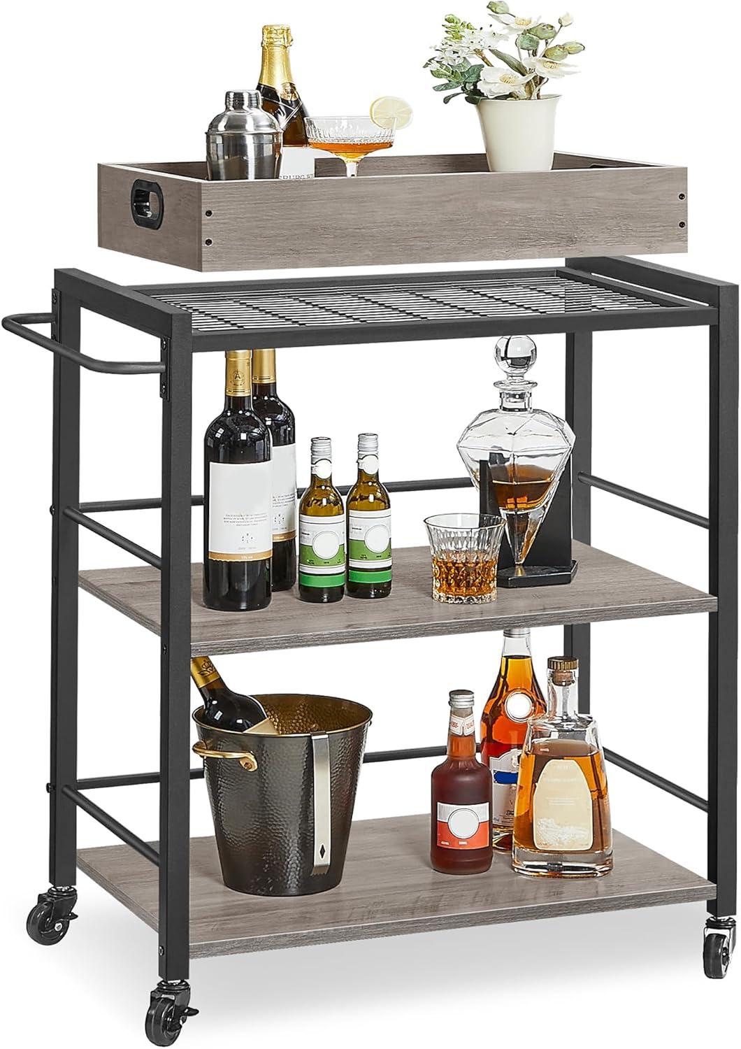 VASAGLE Bar Cart Kitchen Serving Cart Utility Cart with Wheels and Handle Rustic Brown and Black