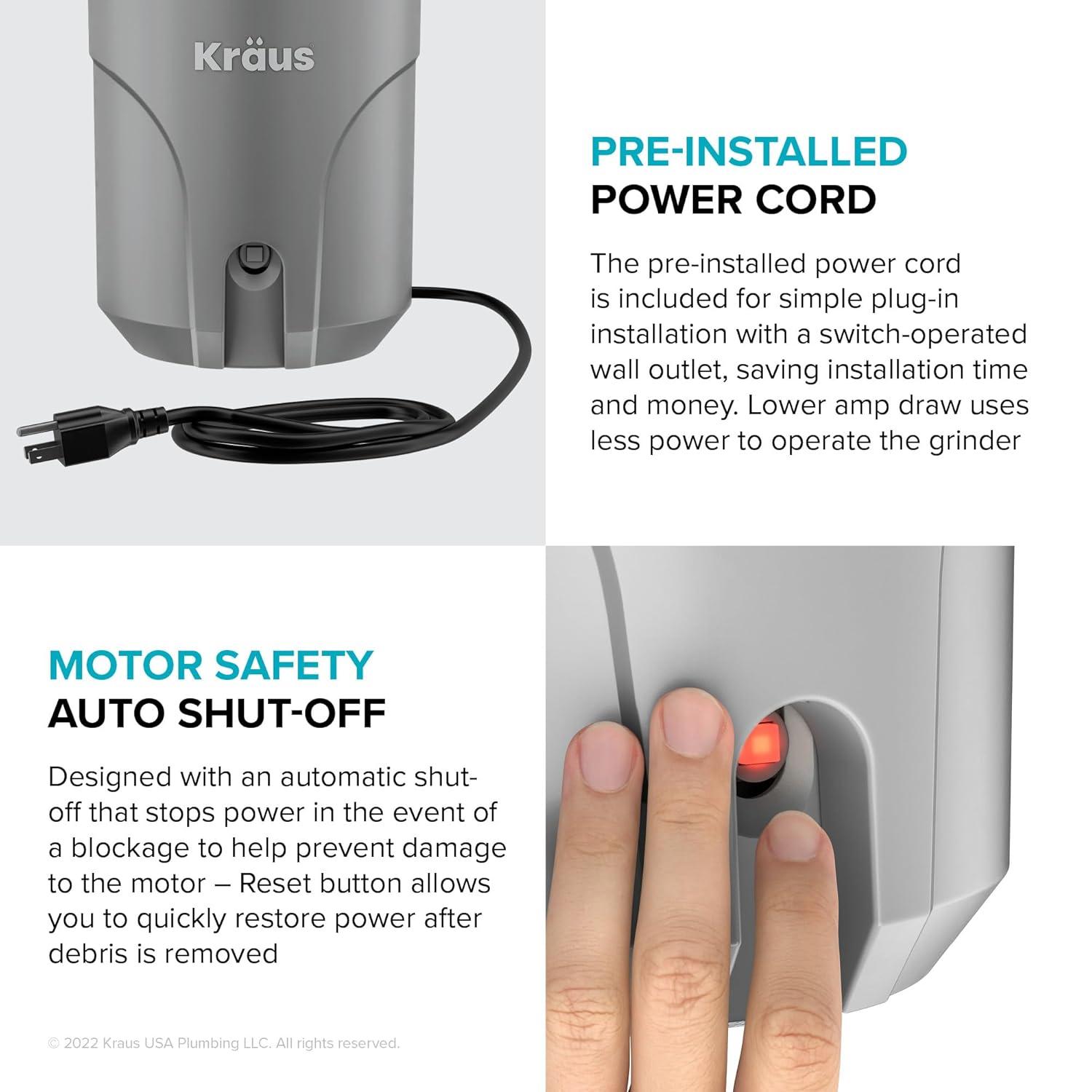 Kraus KRAUS WasteGuard Continuous Feed Motor Garbage Disposal with Power Cord and Universal Mount
