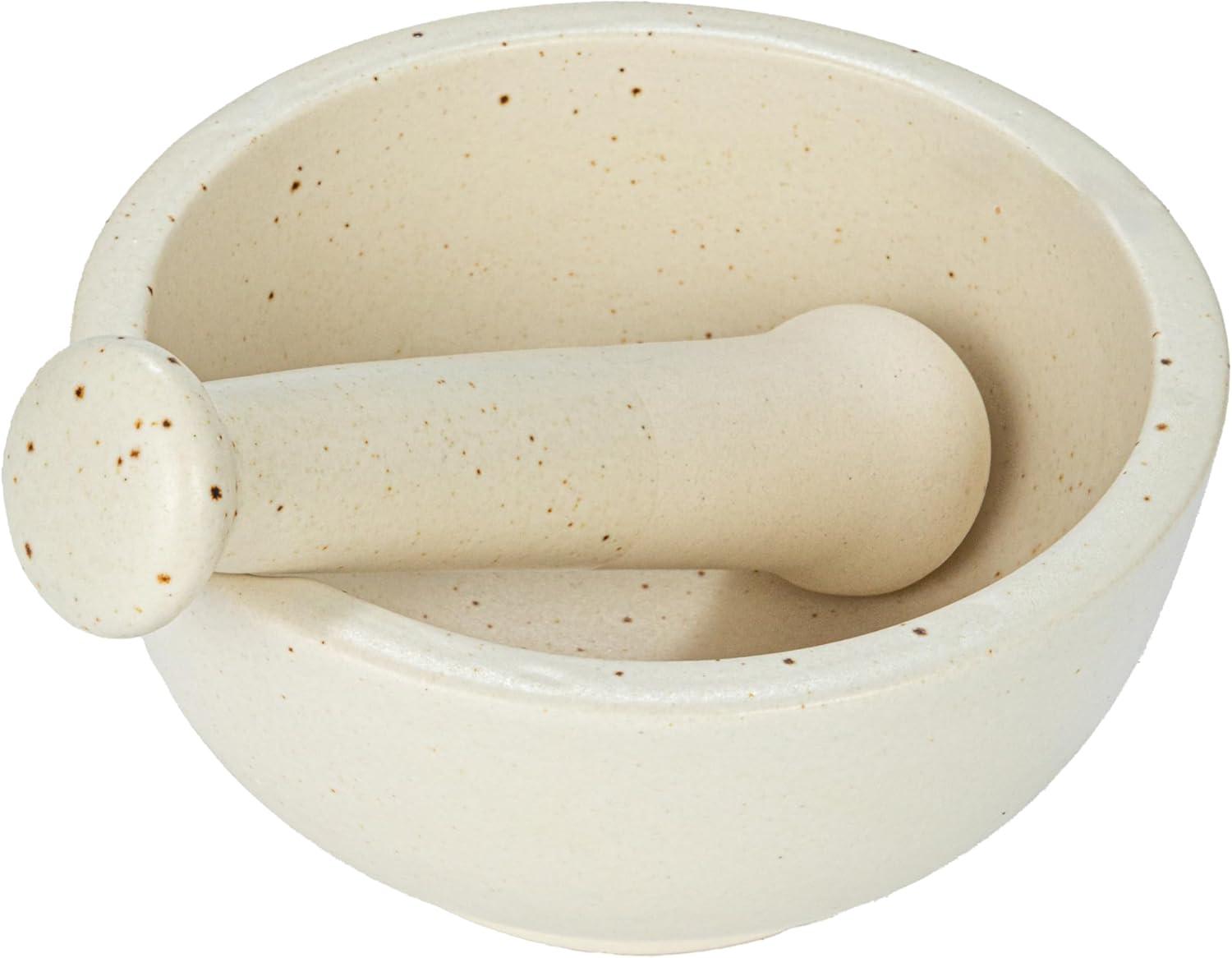 Speckled White Ceramic Mortar and Pestle Set, Medium