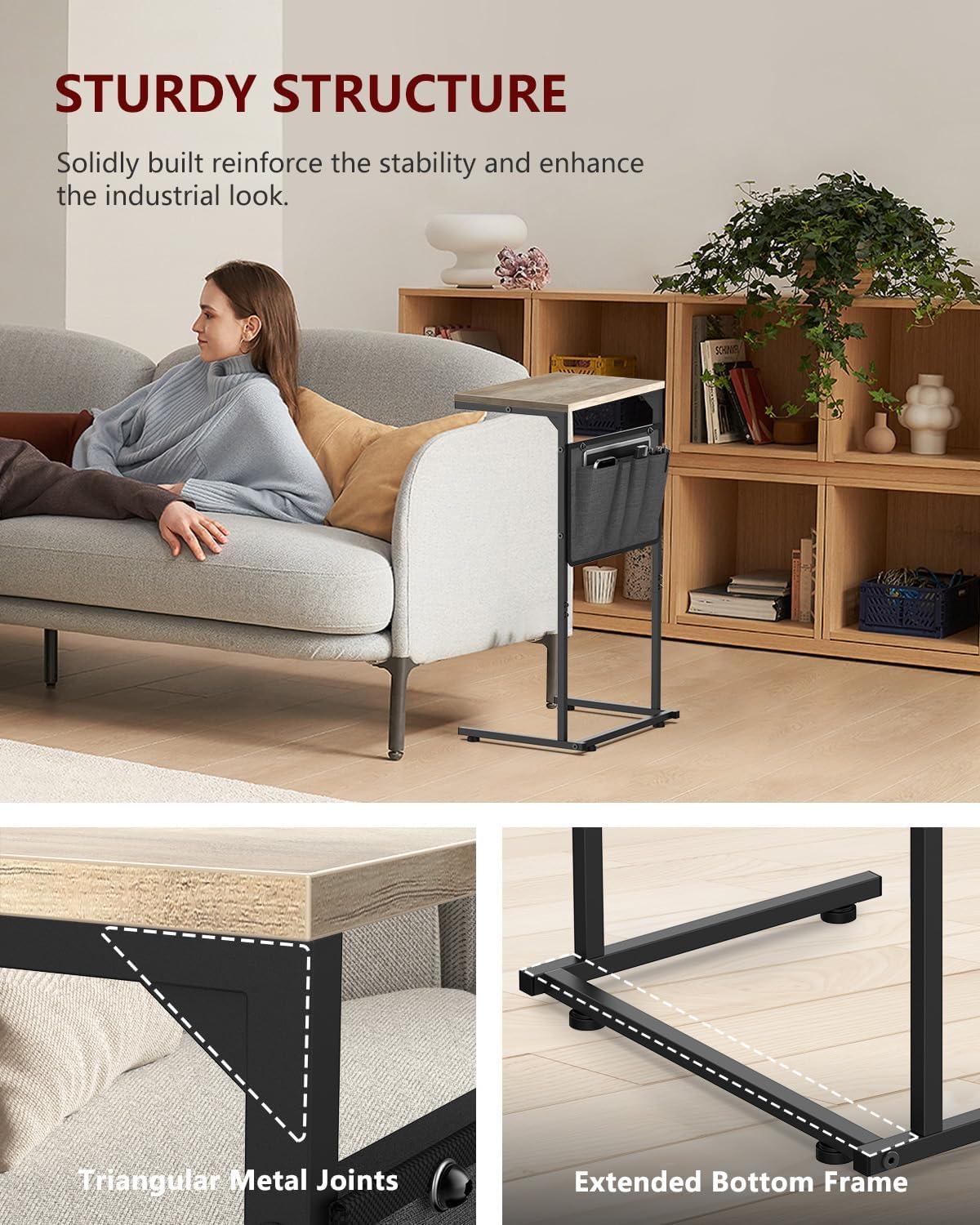 Small C-Shaped End Table: Slide Under Sofa with Storage Bag, Metal Frame, Living Room & Bedroom, Greige