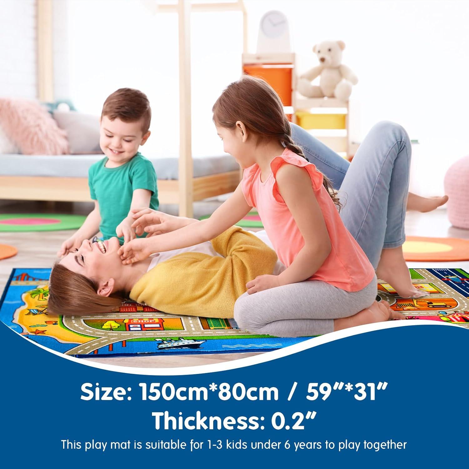 Booooom Jackson Kids Car Rug Play Mat 60x32 inches,Car Mat,Non Slip Kids Rug for Bedroom Boys Playroom,Play Carpet for Trucks,Fun Area Rug,Around City Town Carpet