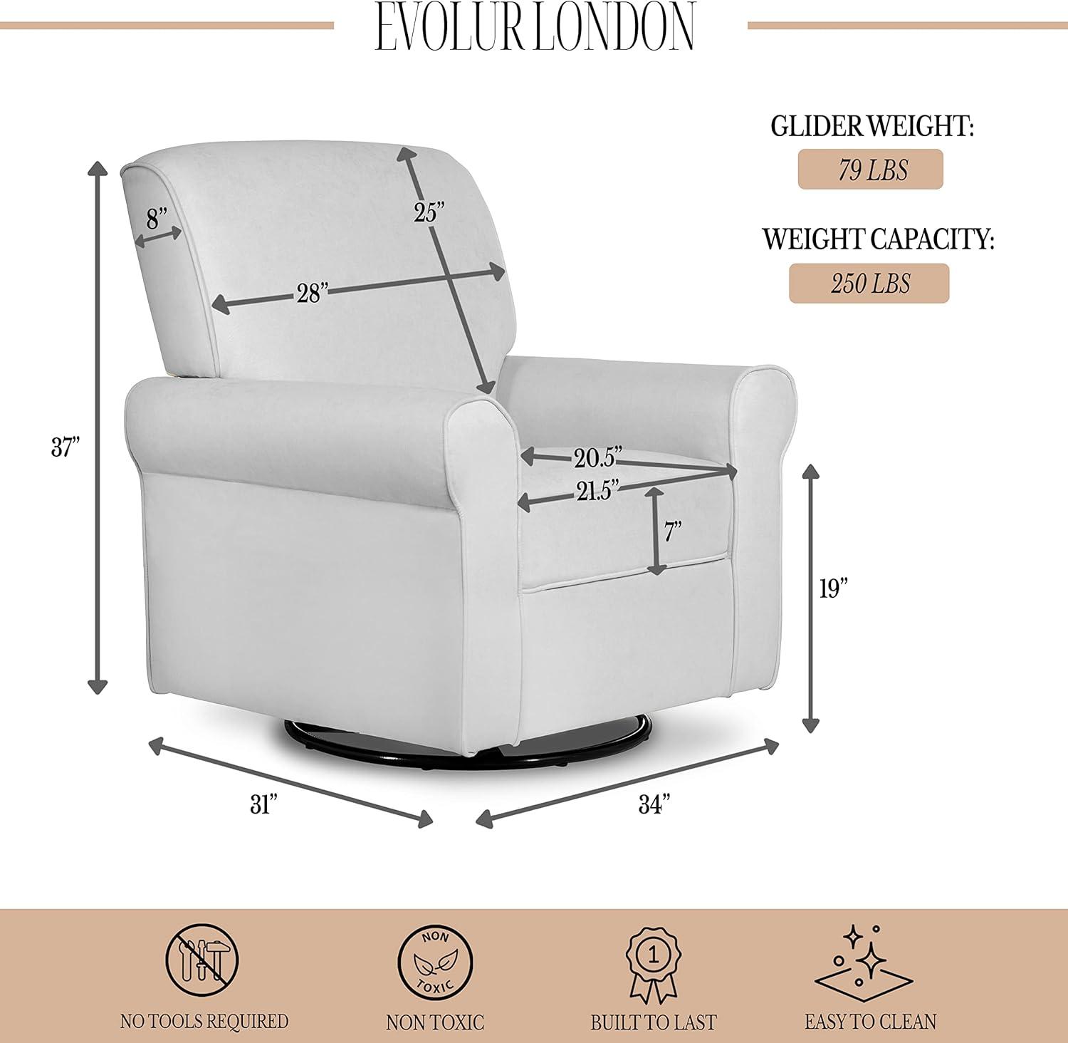 Evolur London Upholstered 360 Swivel Rocker, Misty Grey