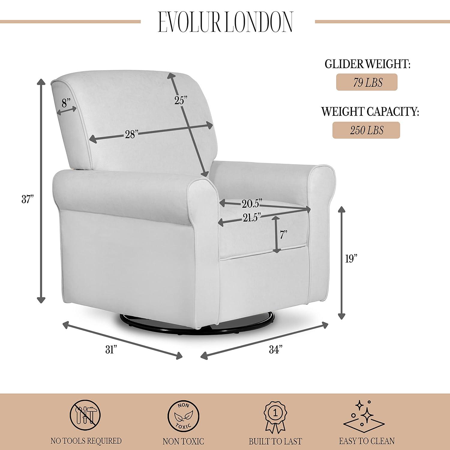 Evolur London Upholstered 360 Swivel Rocker, Misty Grey