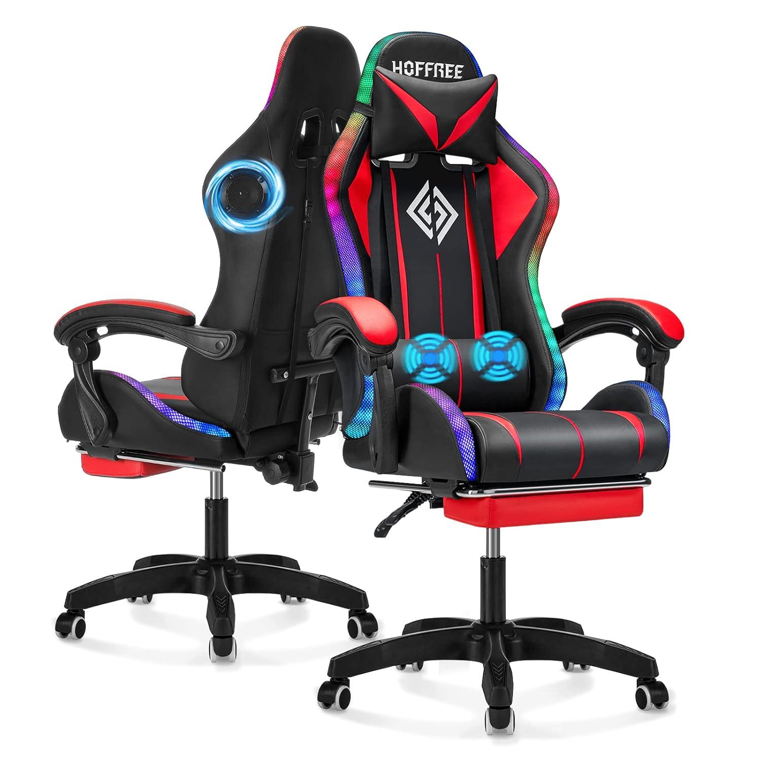 Hoffree Hoffree Massage Ergonomic Gaming Chair with Bluetooth Speakers and RGB LED Lights