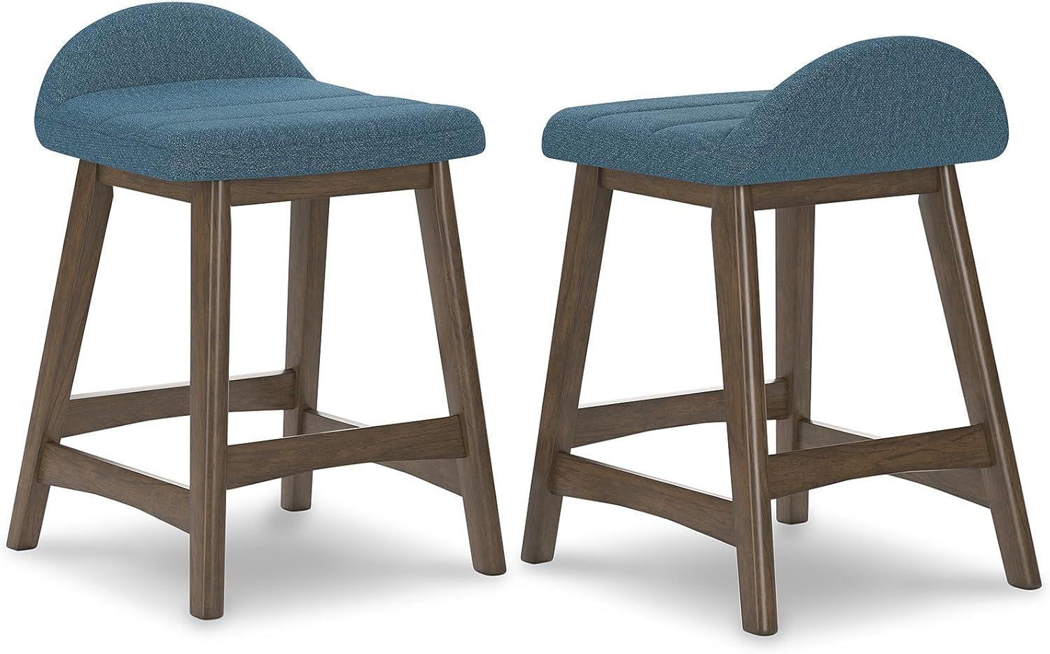 Blue Upholstered Wooden Counter Height Bar Stools, Set of 2