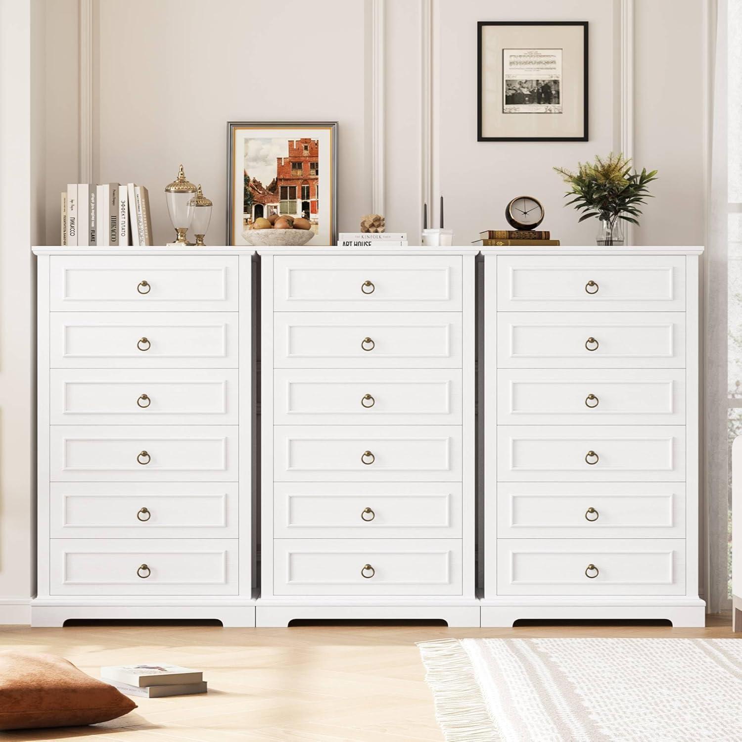 6 Drawer Dresser, 52" Tall Chest of Drawers, Modern Farmhouse Storage Dressers Organizer for Living Room, Hallway, Entryway, Home Office, White