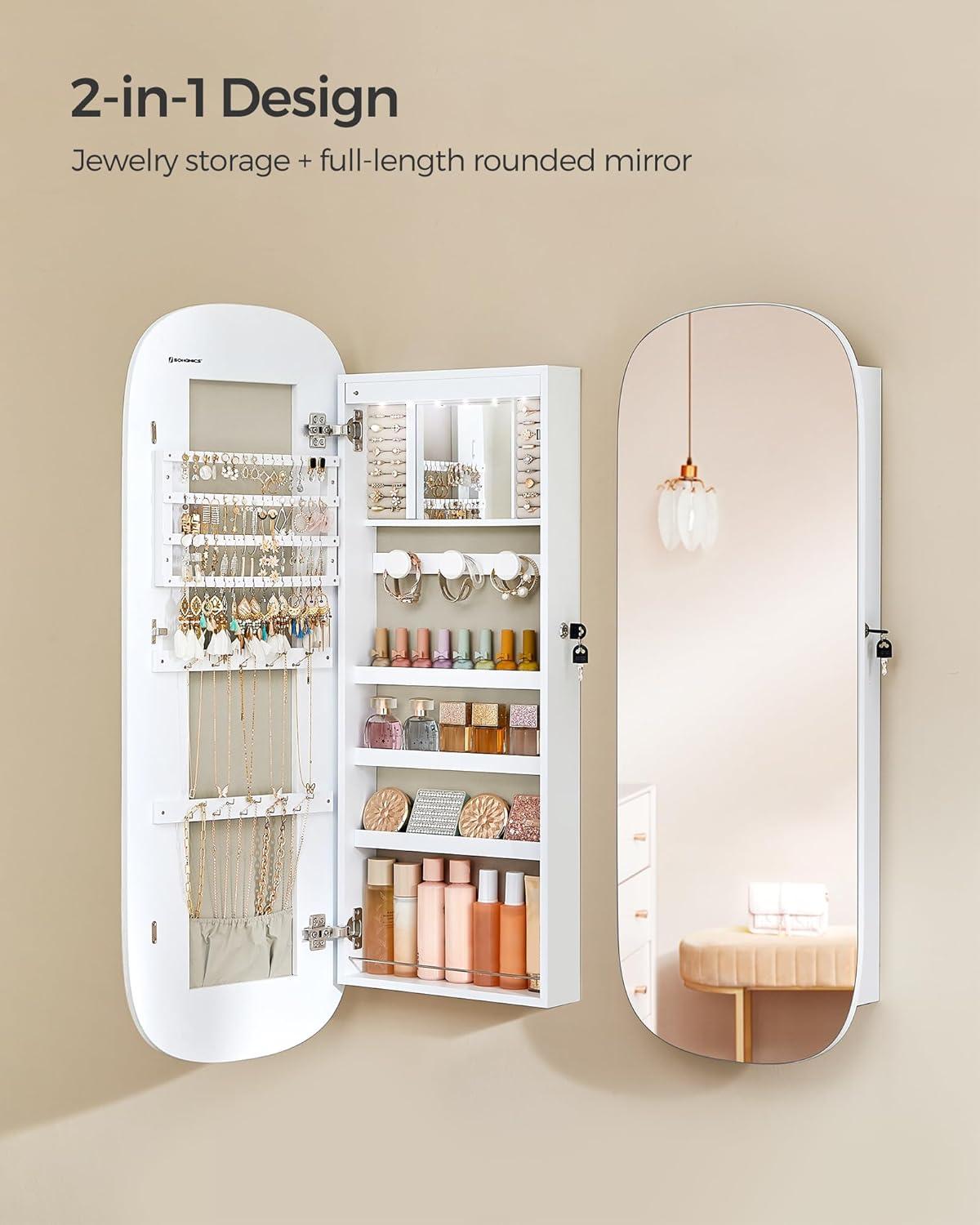 SONGMICS Mirror Jewelry Armoire Jewelry Cabinet Organizer Mirror with Storage Age 18 Greige Lining White