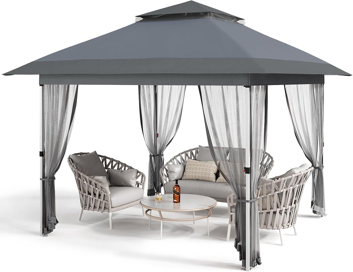 12'x12' Gazebo Outdoor Pop up Canopy Tent with Curtains and 144 Square Shelter for Patio,Backyard Party, with Mosquito Netting, 2-Tiered Vented Top (Gray)