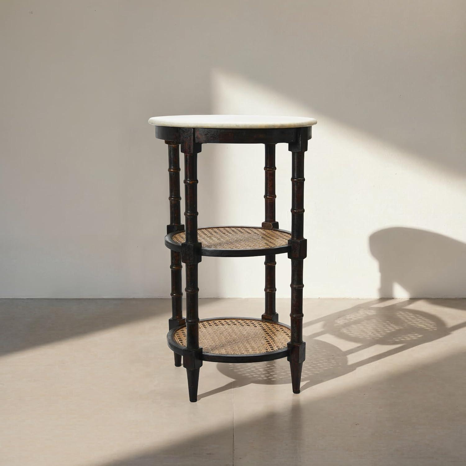 Creative Co-Op Round Solid Wood End Table with Genuine Marble Top and 2 Woven Cane Storage Shelves, Brown Stain and Natural