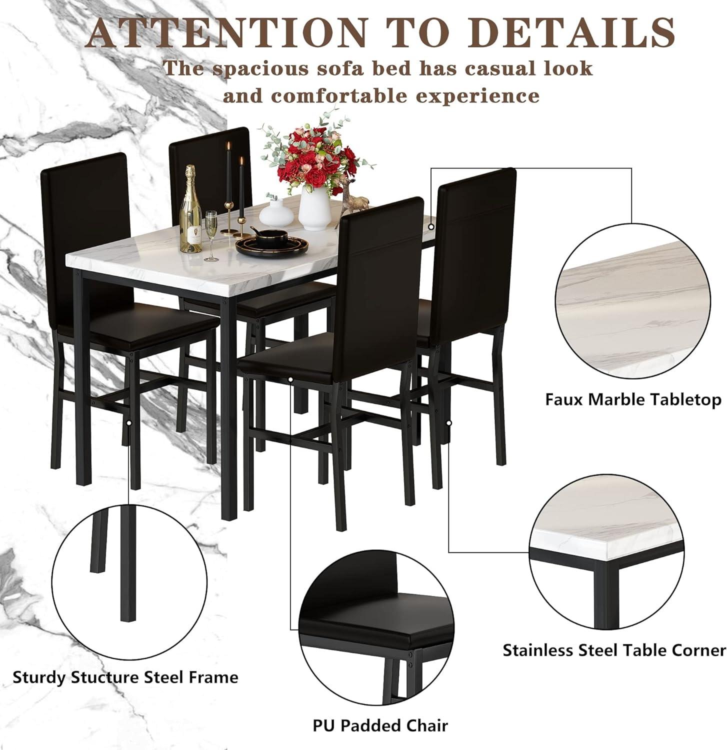 5 Piece Dining Set, Modern Dining Table and Chairs Set for 4, Kitchen Dining Table Set with Faux Marble Tabletop and 4 PU Leather Upholstered Chairs, for Small Space, Breakfast Nook, D8835