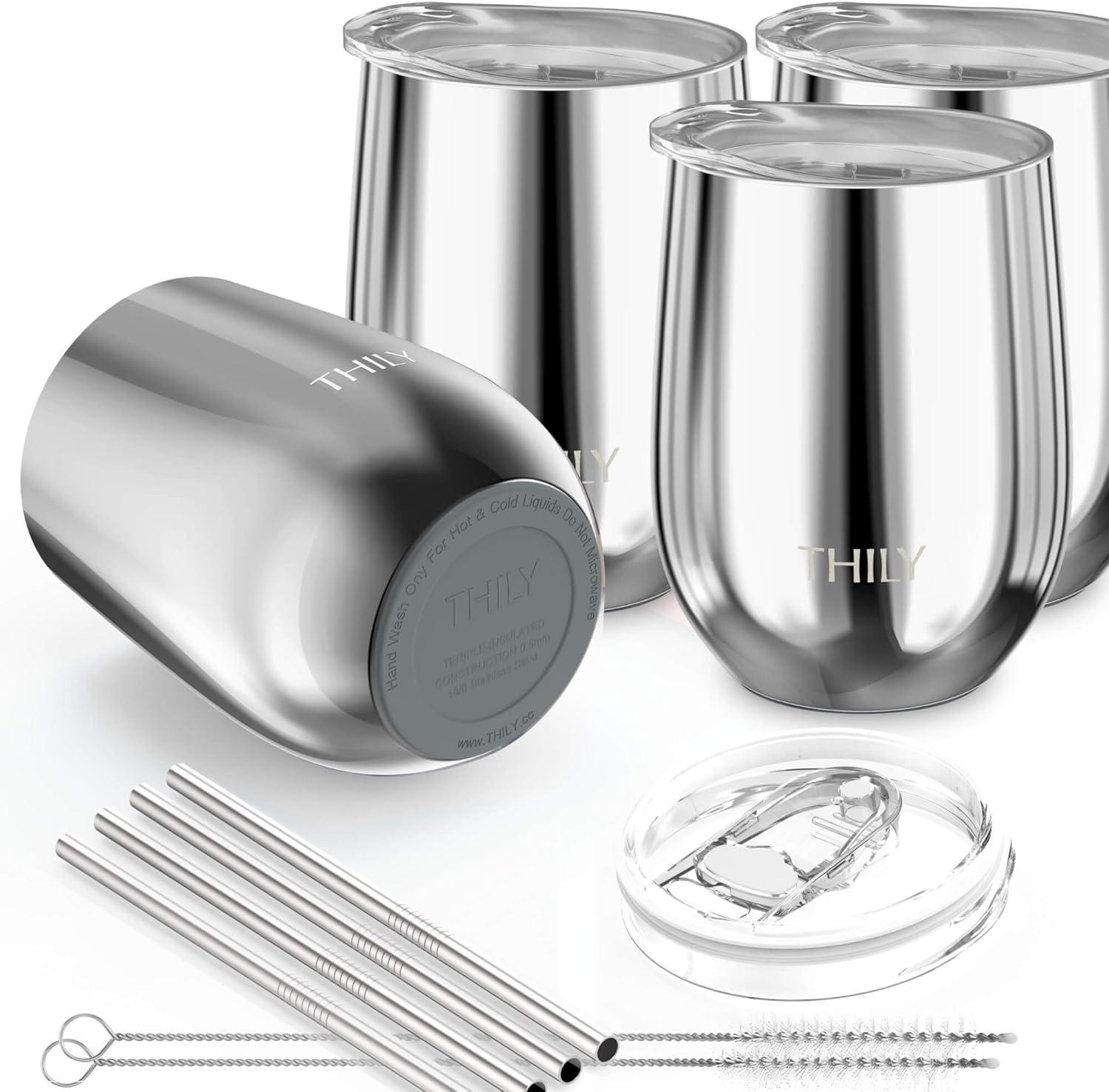 Vacuum Insulated Stemless Wine Tumbler - THILY 4 Pack Stainless Steel Wine Glass with Lid and Straw, Keep Cold or Hot for Coffee, Cocktails, Christmas Birthday Gift, Mirror Silver