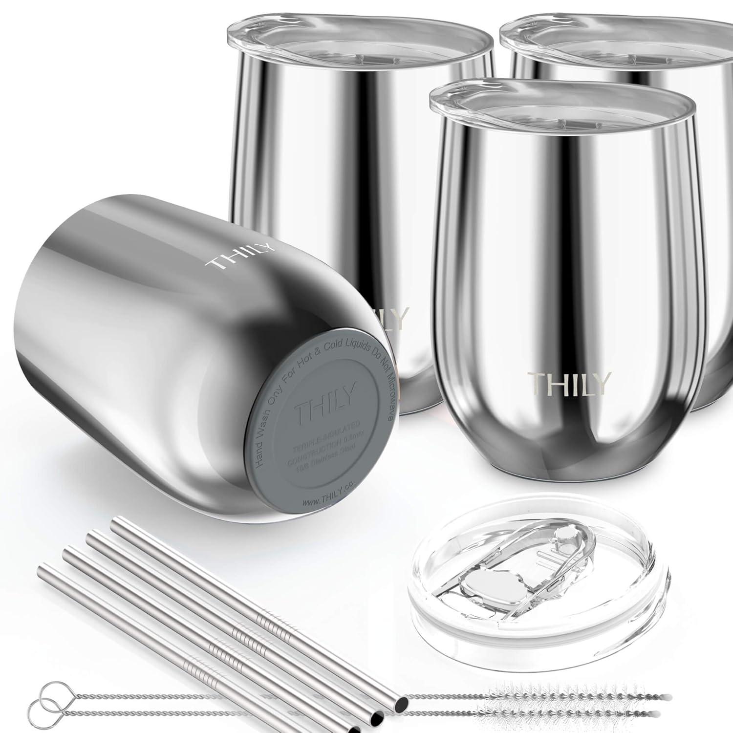 Vacuum Insulated Stemless Wine Tumbler - THILY 4 Pack Stainless Steel Wine Glass with Lid and Straw, Keep Cold or Hot for Coffee, Cocktails, Christmas Birthday Gift, Mirror Silver