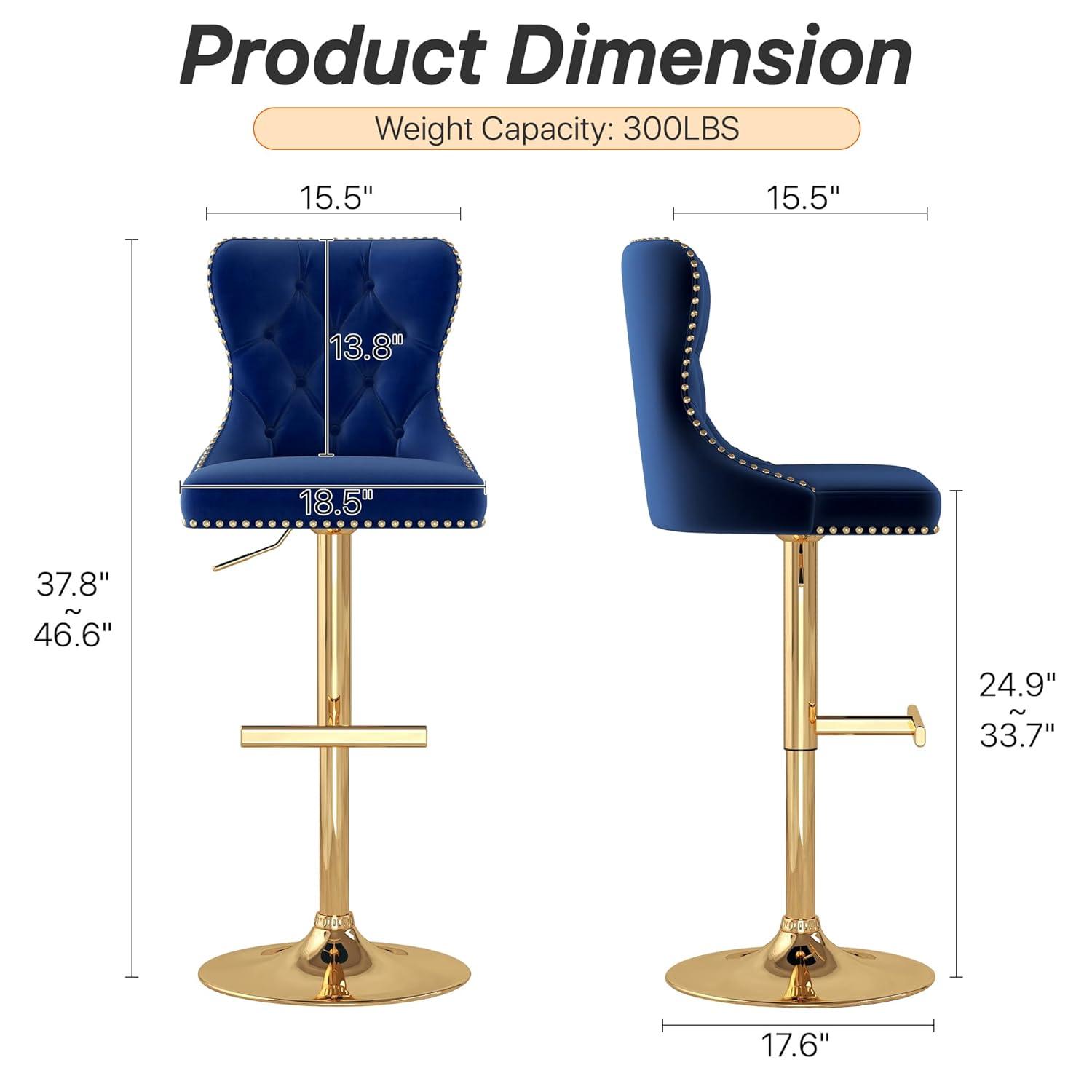 Sesslife Bar Stools with Back Set of 2, 360° Swivel Upholstered Thickened Velvet Fabric High Barstool with Golden Nail Trim, Adjustable Seat Height, Counter Height Bar Chairs for Kitchen Island, Blue