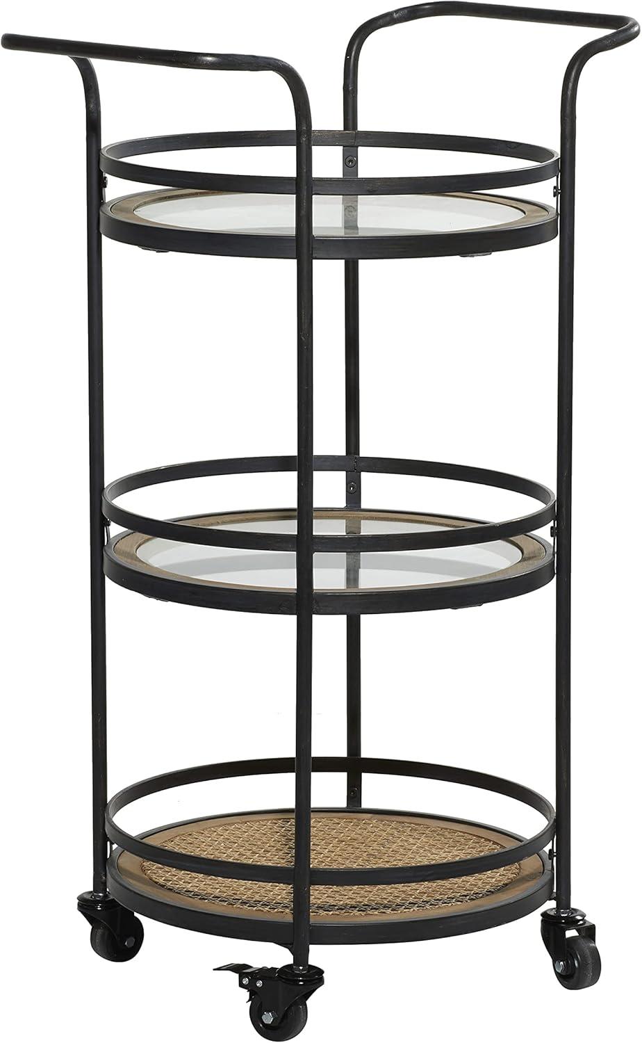 DecMode 21" x 35" Brown Metal Rolling 1 Rattan and 2 Glass Shelves Bar Cart with Handles, 1-Piece