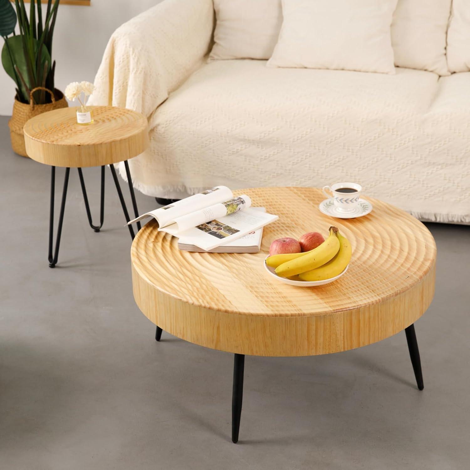 Round Natural Wood Farmhouse Nesting Coffee Table Set