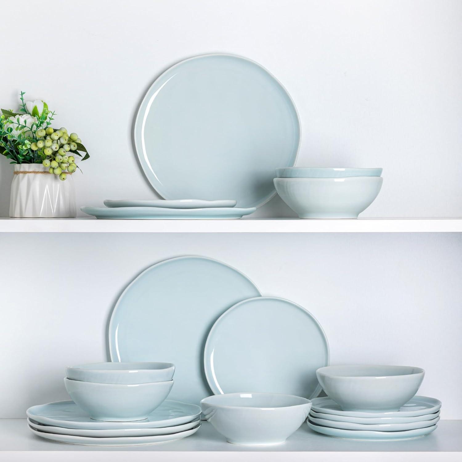 Hokku Designs Ceramic Dinnerware Sets For 6,Plates And Bowls Sets With Wavy Edge,Microwave & Dishwasher & Oven Safe,Light Weight & Scratch Resistant Dishes Sets-Service For 6 (18Pcs)-Light Jean Blue