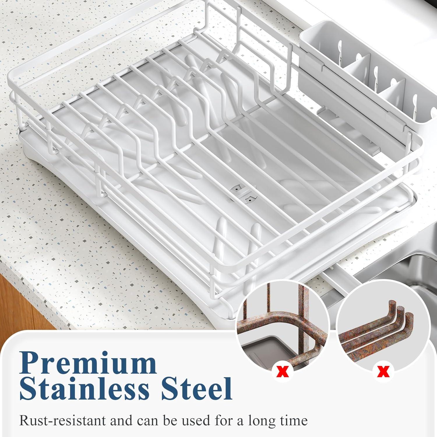 Expandable Stainless Steel Dish Drying Rack with Utensil Holder, White