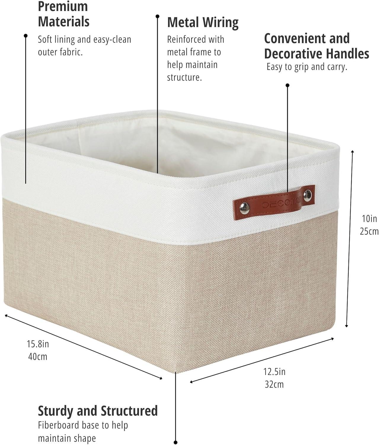 Beige and White Rectangular Fabric Storage Bins with Handles