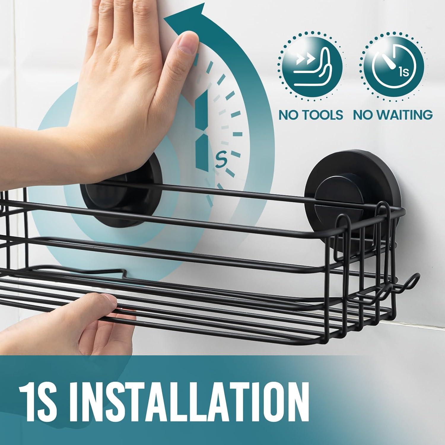 Shower Caddy Suction Cup 2 Pack With Hooks & Soap Holder, Heavy Duty Shower Organizer For Bathroom