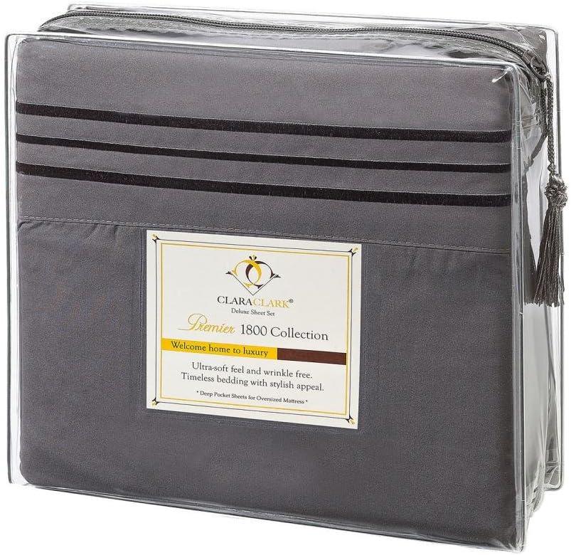 Clara Clark Premier 1800 Microfiber Collection 3-Line Bed Sheet Set, Full Size, Charcoal Stone Gray