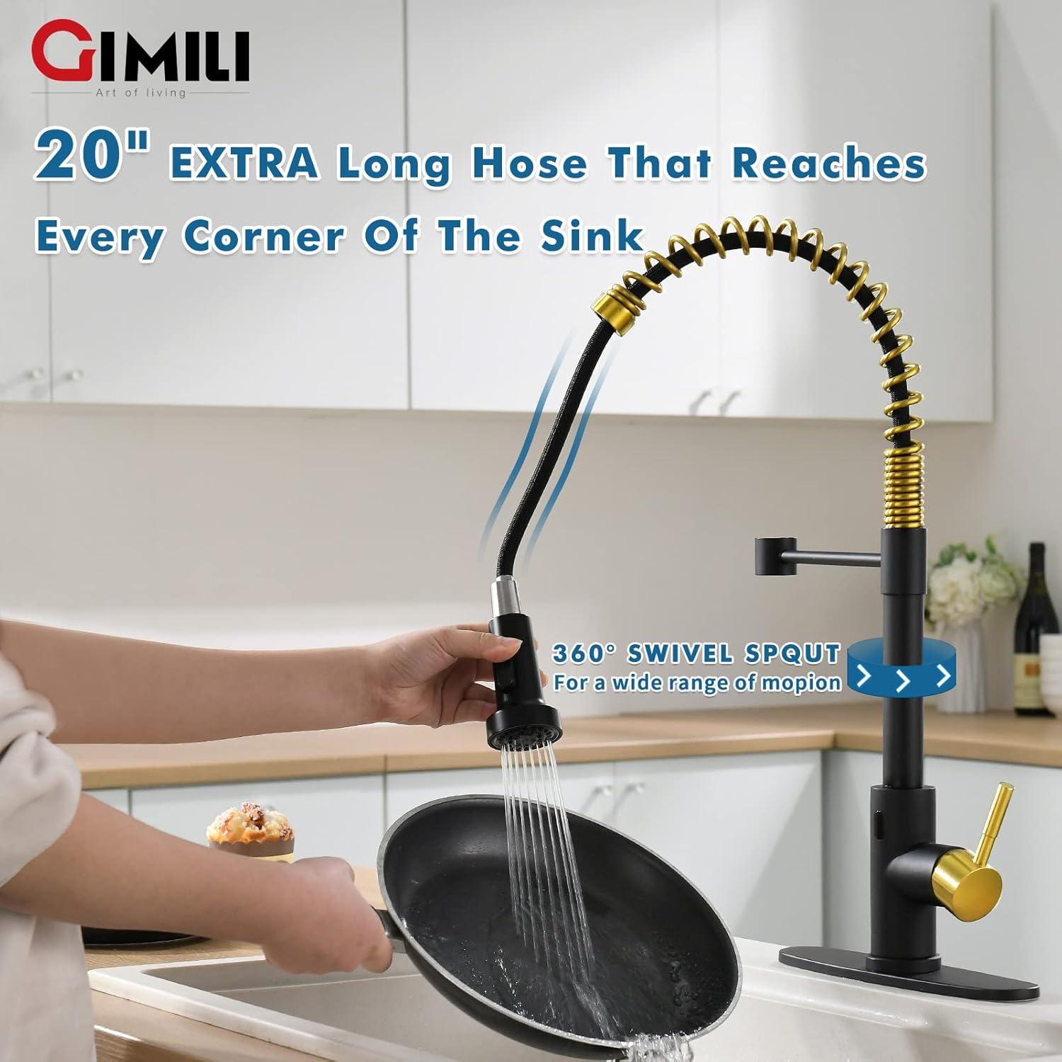 GIMILI Black and Gold Touchless Kitchen Faucet with Pull Down Sprayer Motion Sensor Smart Hands-Free Activated Single Hole Spring Faucet for Kitchen Sink