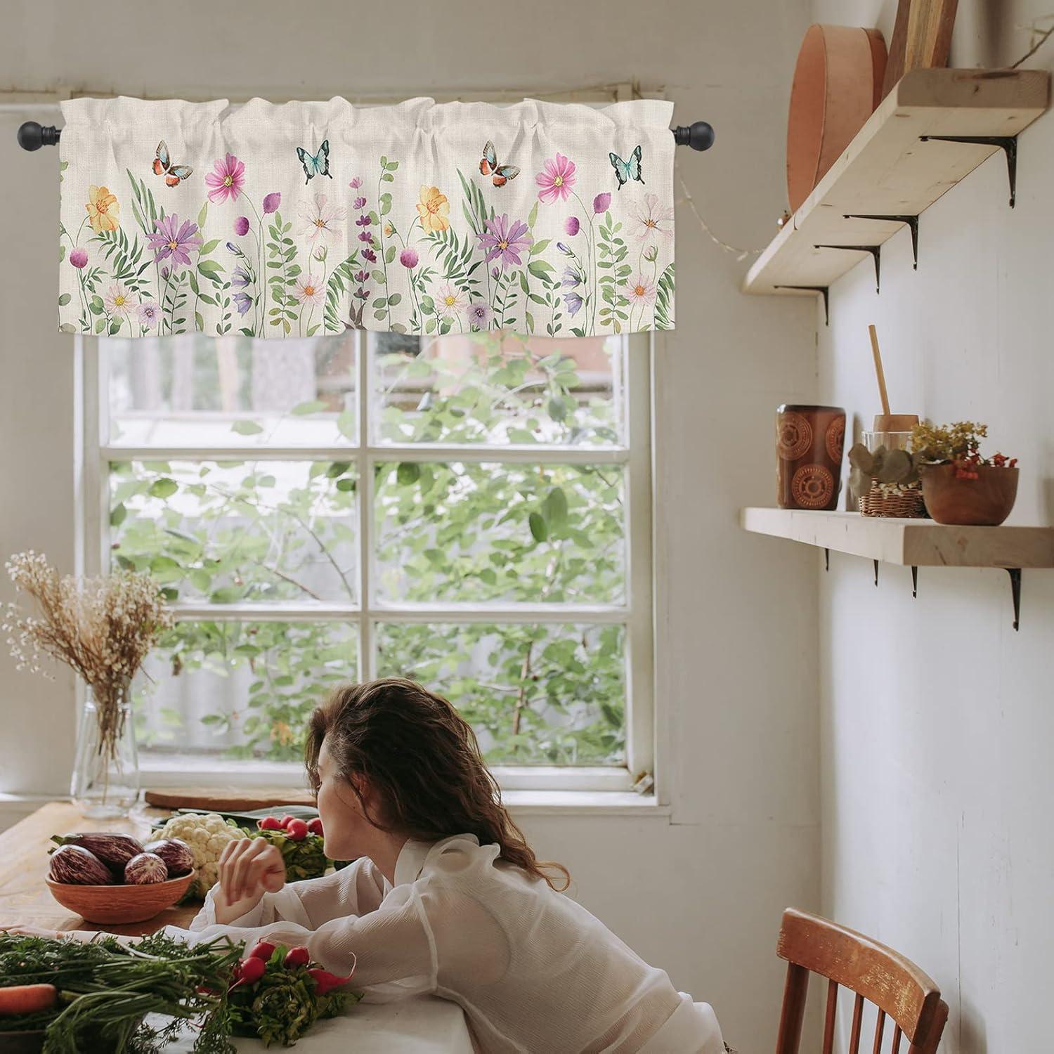 Spring Watercolor Floral Print Valance with Rod Pocket, 54" x 18"