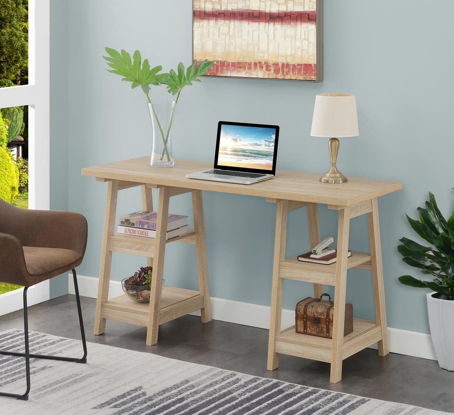 Weathered White 54" Double Trestle Desk with Shelves