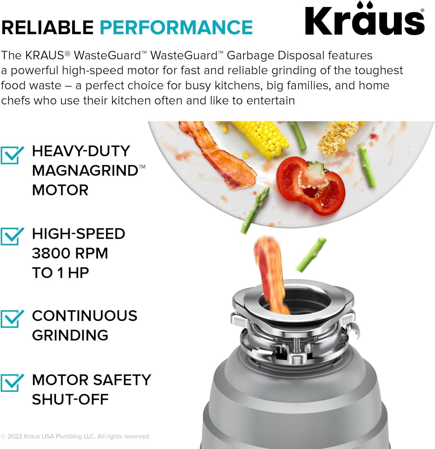 Kraus KRAUS Wasteguard High-Speed 1 HP Continuous Feed Ultra-Quiet Motor Garbage Disposal With Power Cord And Flange Included And Universal Mount, KWD200-100MGR