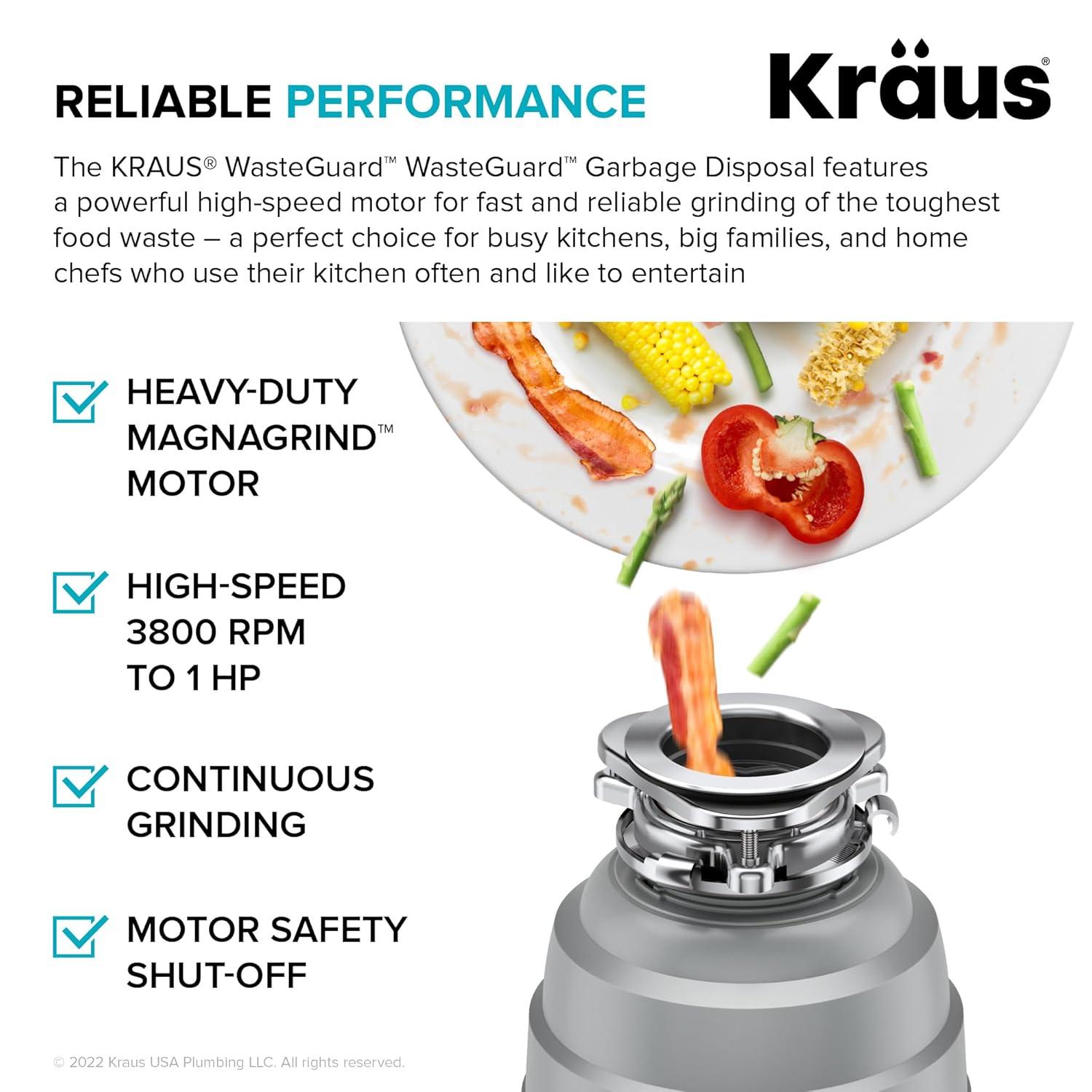 Kraus KRAUS Wasteguard High-Speed 1 HP Continuous Feed Ultra-Quiet Motor Garbage Disposal With Power Cord And Flange Included And Universal Mount, KWD200-100MGR