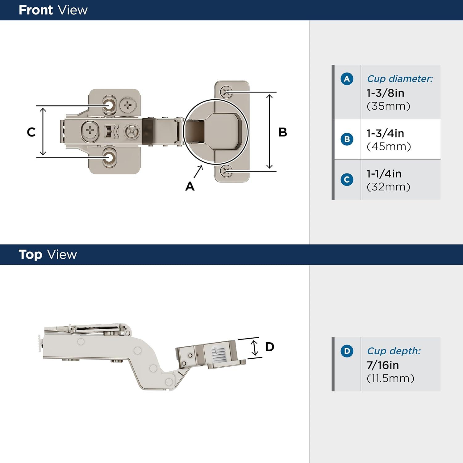 Full Inset Frameless Self Close Euro Concealed Cabinet Hinge - 1 Pair