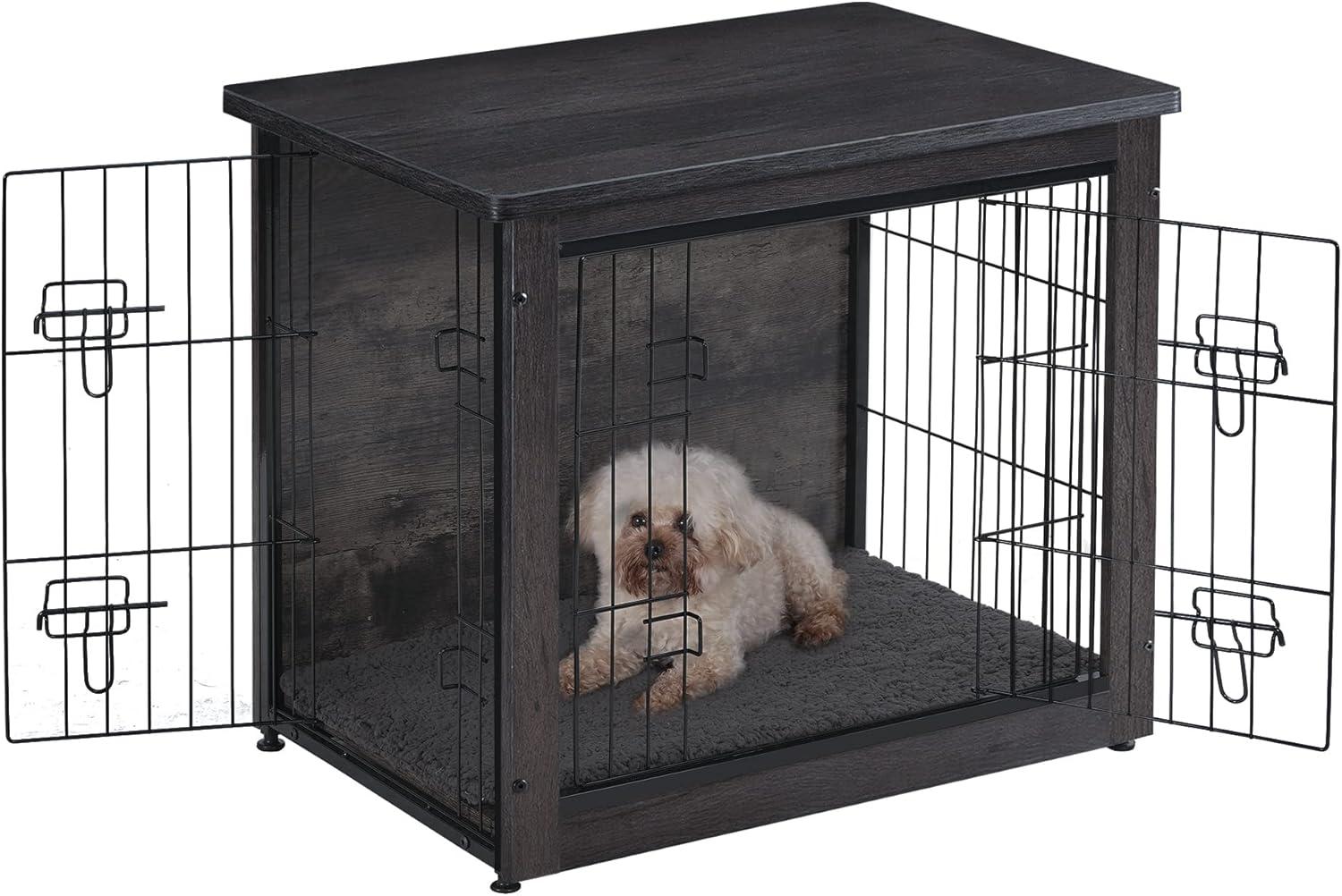 Small Dark Gray Wooden Dog Crate with Cushion