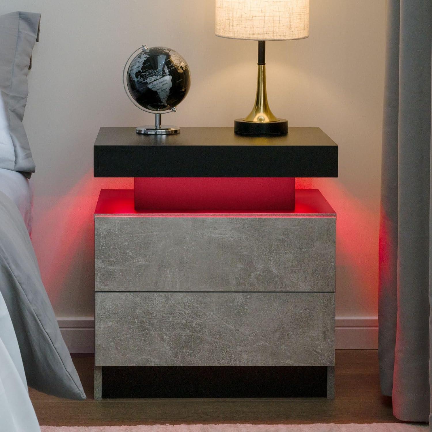 Nightstand LED Bedside Table Cabinet Lights Modern End Side with 2 Drawers for Bedroom