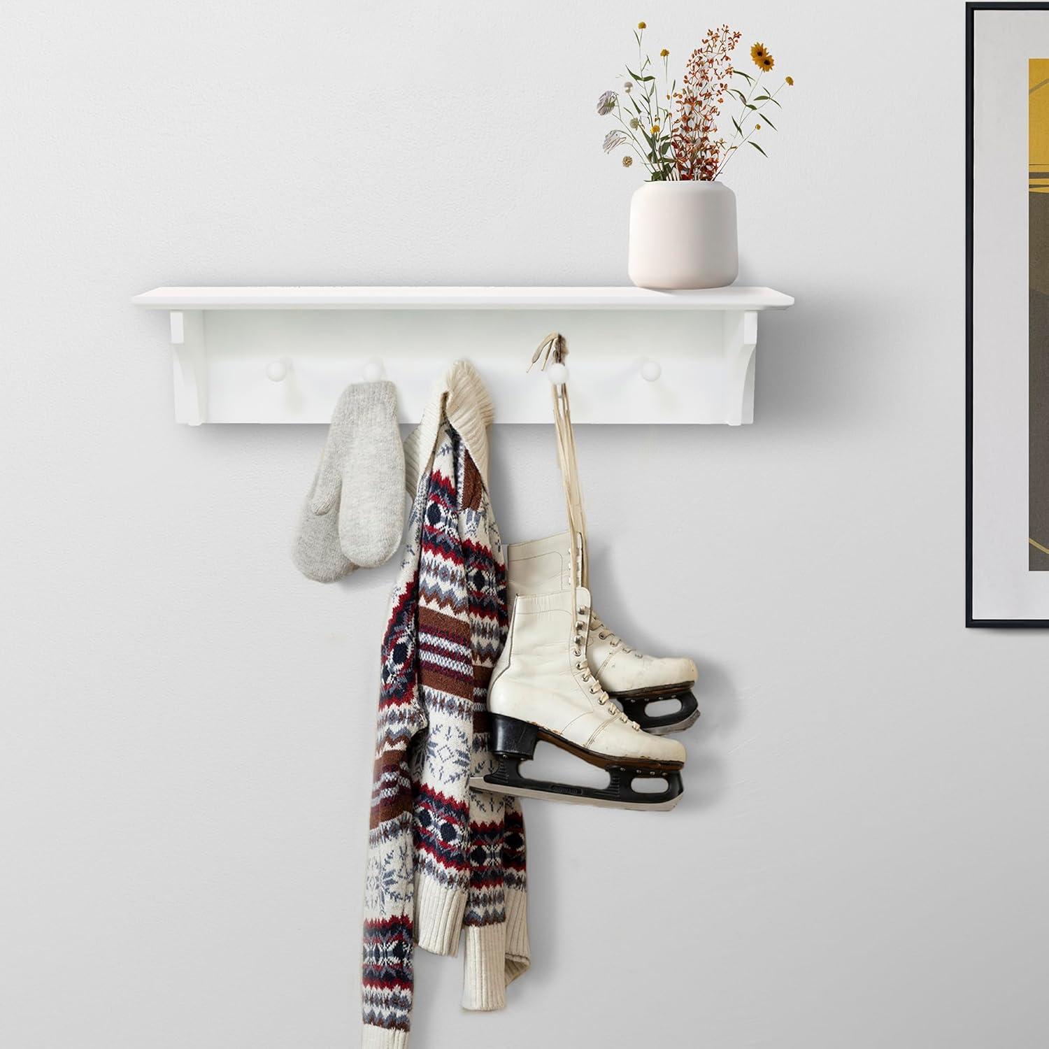 White MDF Floating Wall Shelf with 5 Pegs