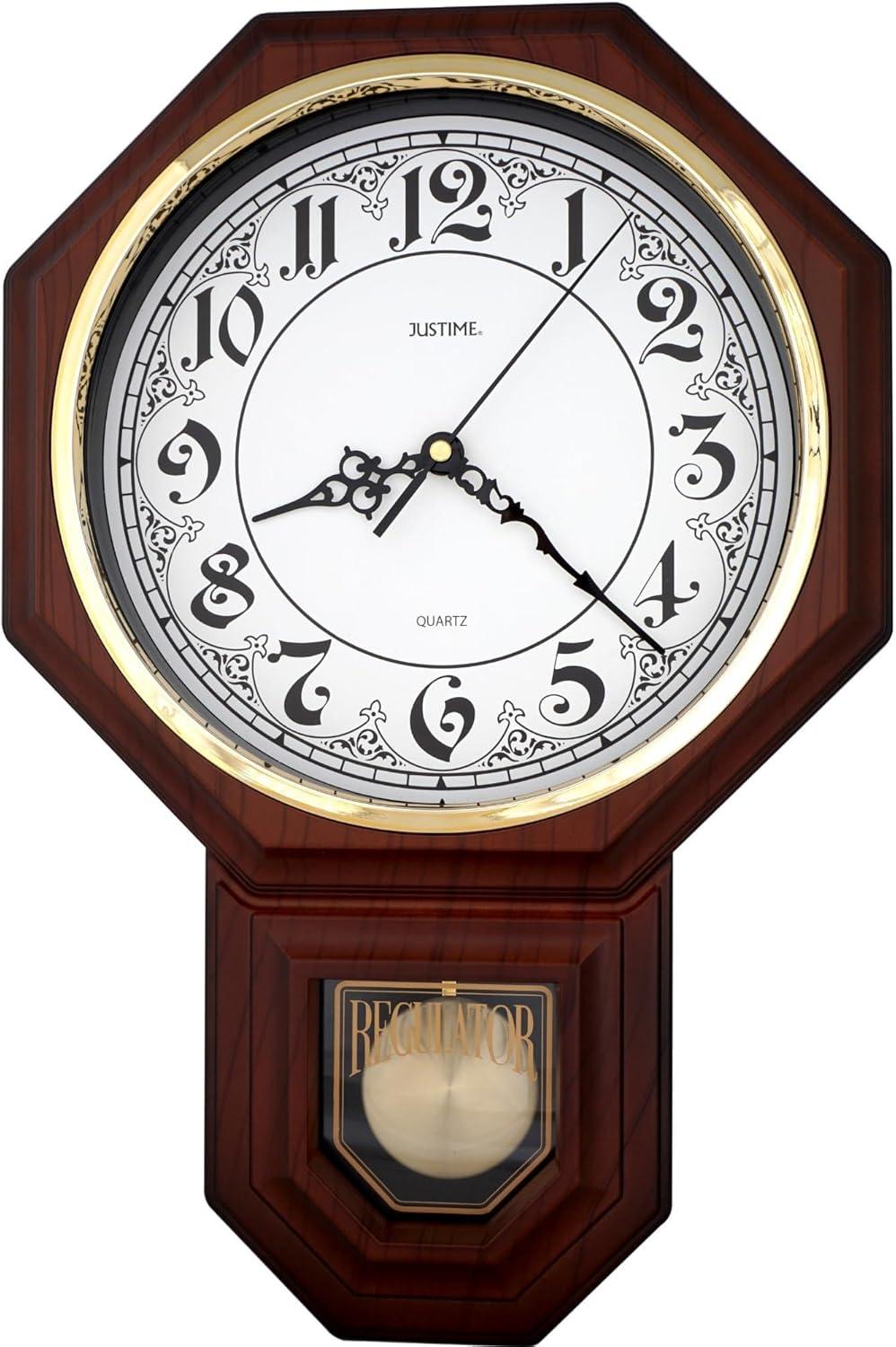 JUSTIME Traditional Schoolhouse Classic Vintage Arabic Regulator Wall Clock, Chiming Wall Clocks with Pendulum & Westminster Chime Hourly, Schoolhouse Wall Decor Battery Operated (Dark Wood Grain)