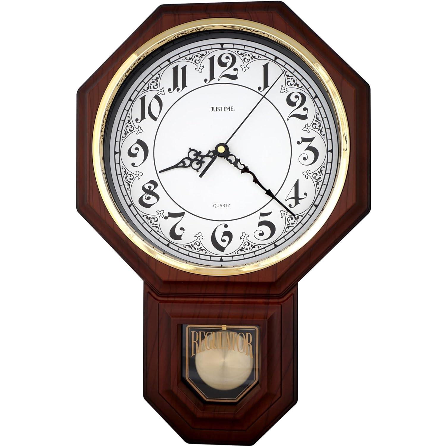 JUSTIME Traditional Schoolhouse Classic Vintage Arabic Regulator Wall Clock, Chiming Wall Clocks with Pendulum & Westminster Chime Hourly, Schoolhouse Wall Decor Battery Operated (Dark Wood Grain)