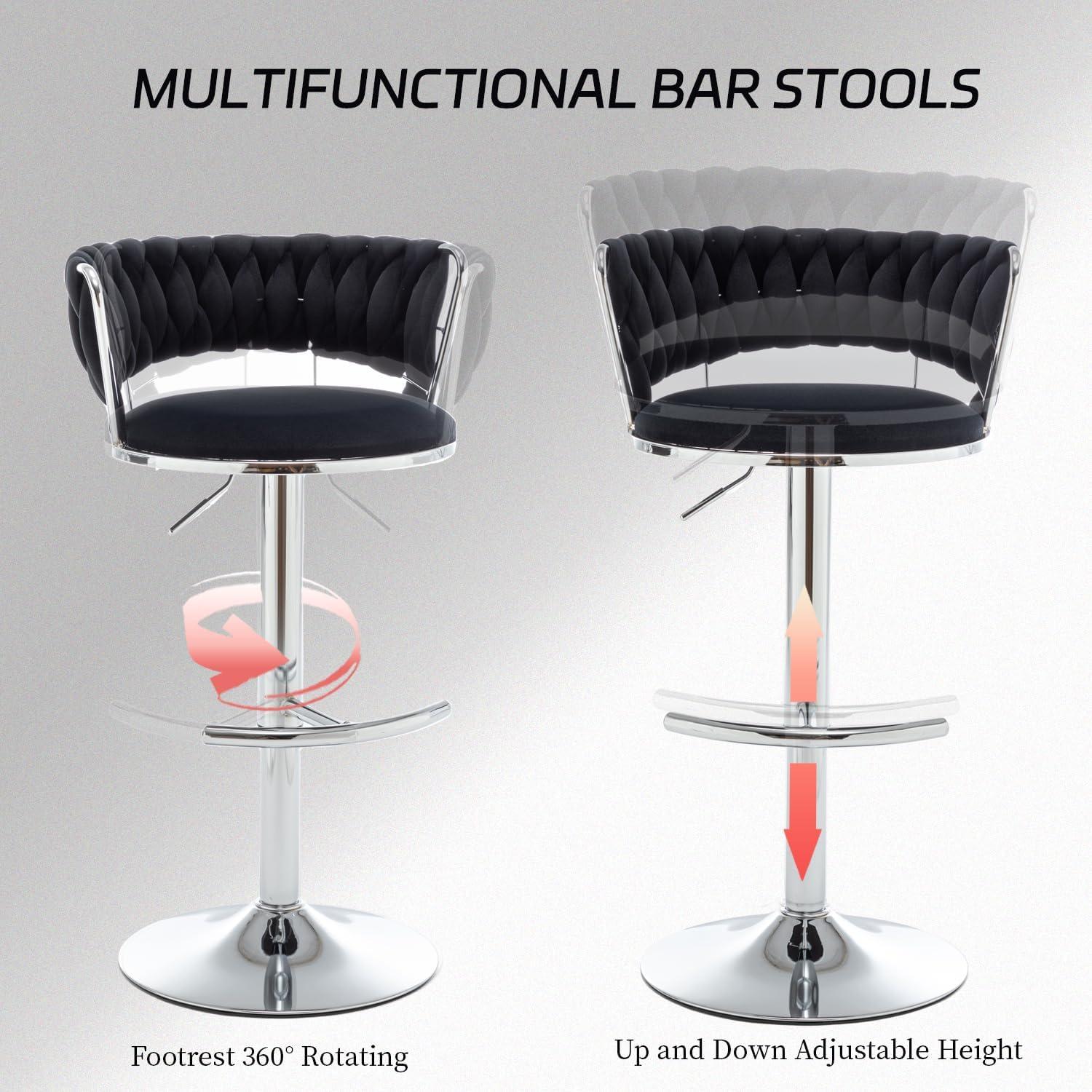 Velvet Bar Stools Set of 2, Counter Height Barstools with Low Back, Swivel Bar Stool for Kitchen Island, Pub (Black)