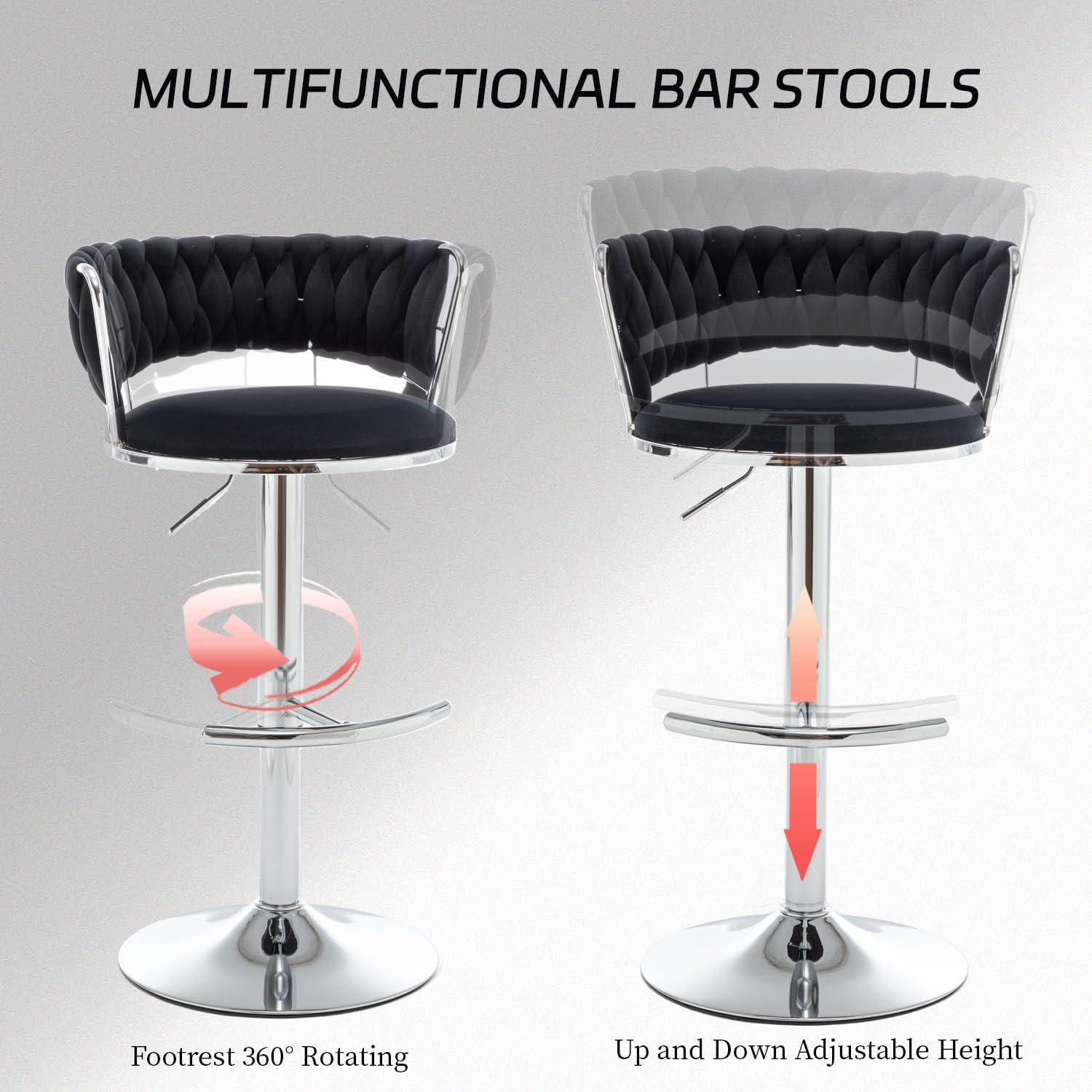 Velvet Bar Stools Set of 2, Counter Height Barstools with Low Back, Swivel Bar Stool for Kitchen Island, Pub (Black)