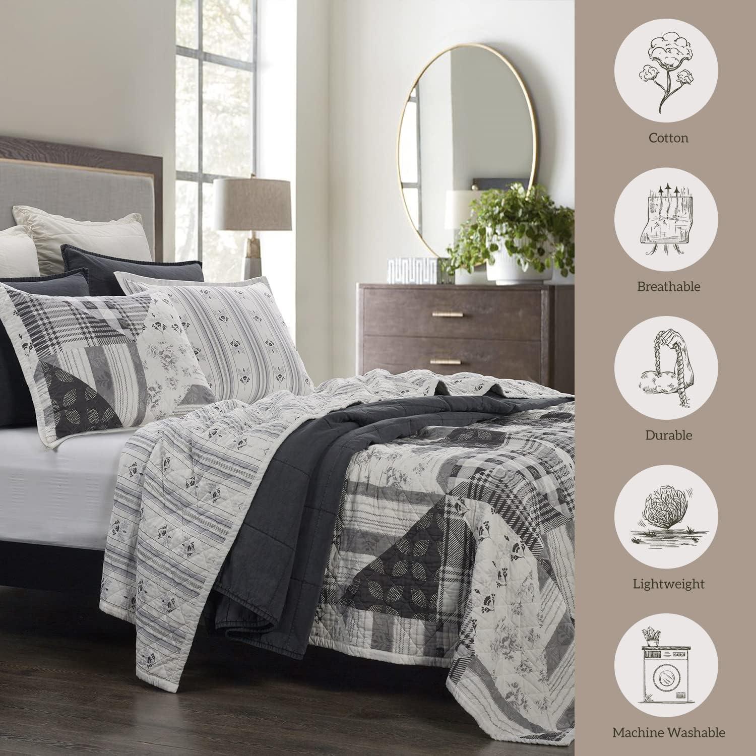 Hiend Accents Unisex Patchwork Prairie Reversible 3-Piece King Quilt Set Black One Size