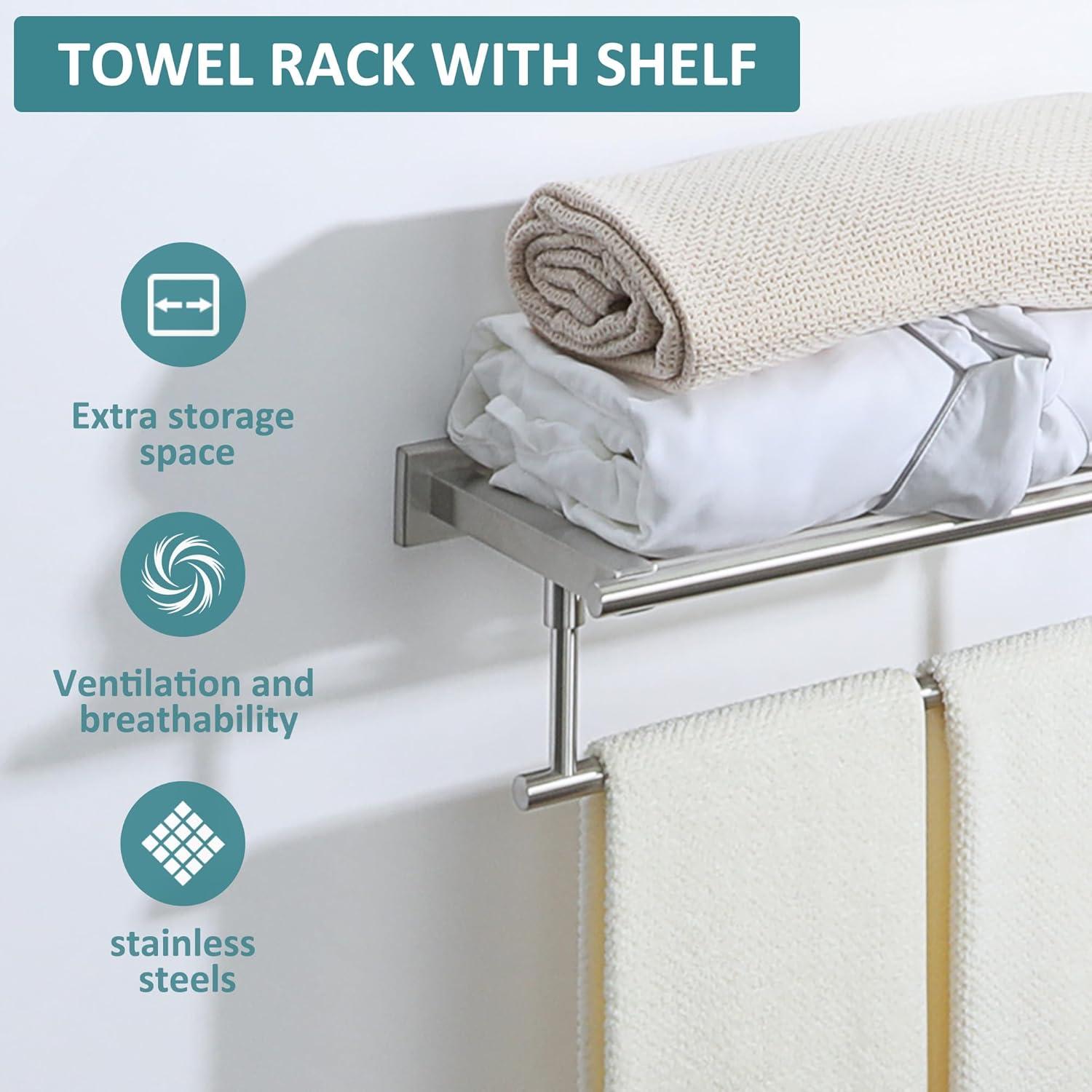 Bathroom Towel Rack，Stainless Steel Towel Shelf with Towel Bar 24-Inch Towel Holder for Bathroom Wall Mounted Towel Storage Organizer for Bathroom & Lavatory（Brushed Silver）