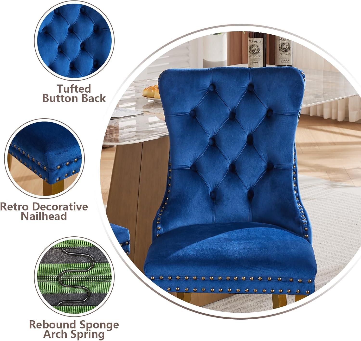 Velvet Upholstered Dining Chairs, Set of 2, Dining Room Tufted Chair, Modern Button Tufted Armless Chairs with Nailhead Trim and Back Ring Pull, Gold Legs, for Dining Room, Kitchen, Navy