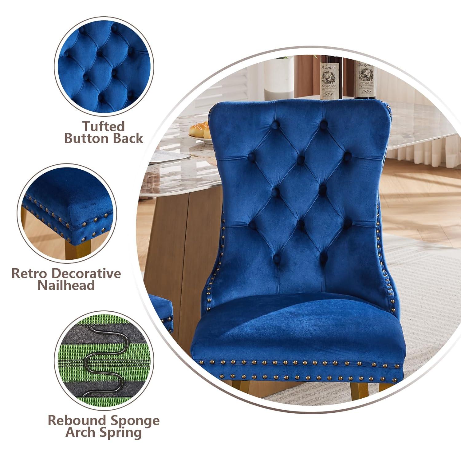 Velvet Upholstered Dining Chairs, Set of 2, Dining Room Tufted Chair, Modern Button Tufted Armless Chairs with Nailhead Trim and Back Ring Pull, Gold Legs, for Dining Room, Kitchen, Navy