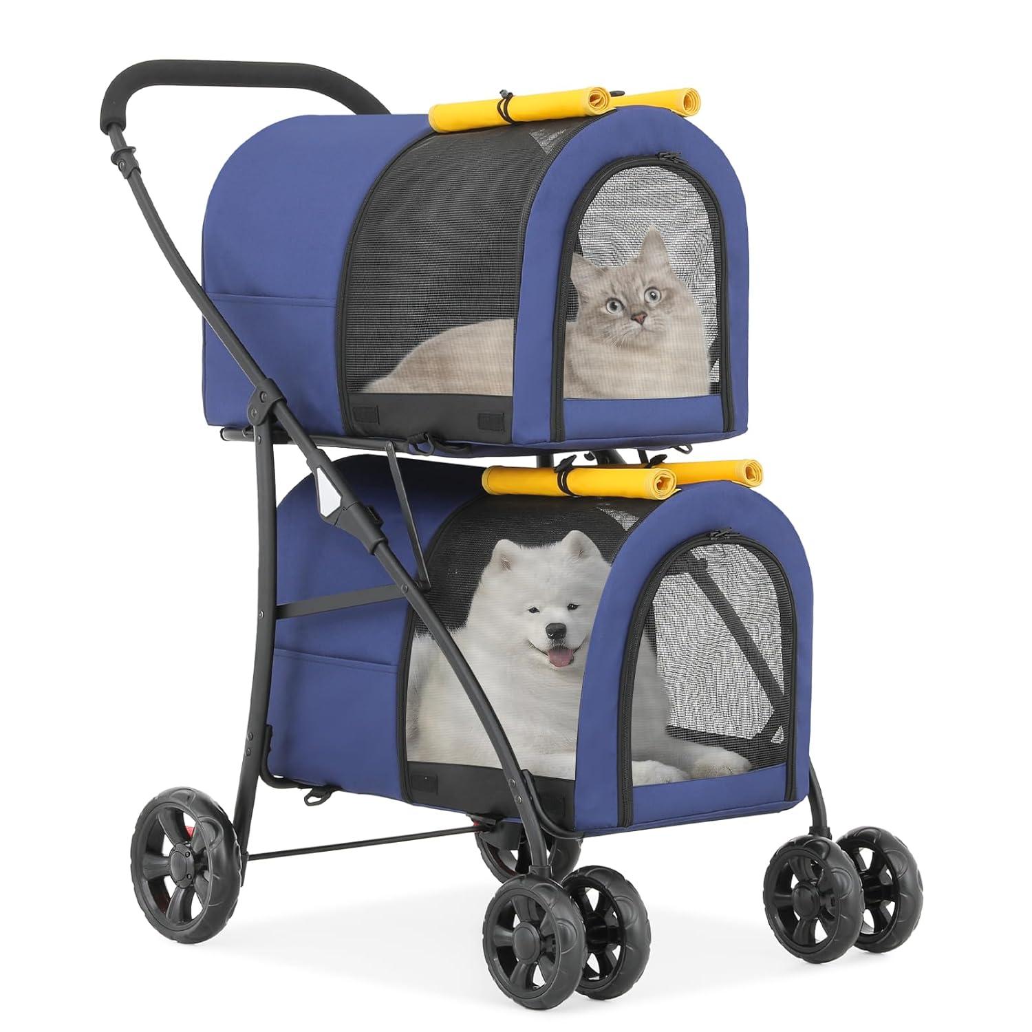 Navy Blue Double Pet Stroller with Detachable Carriers