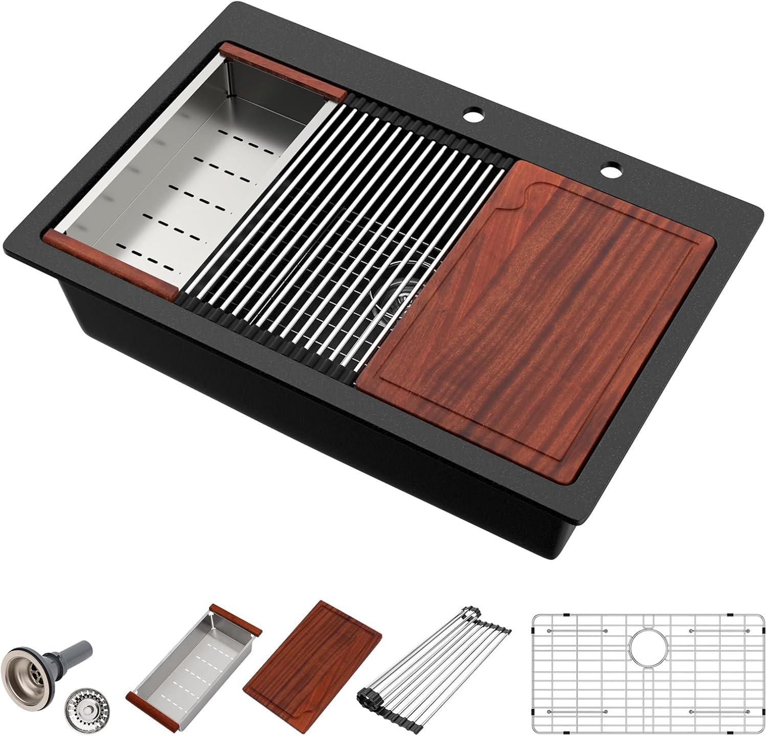 33 Granite Composite Kitchen Sink - 33x22 Inch Black Granite Kitchen Sinks Drop In Black Quartz Sink Ledge Workstation Classic Above Counter Single Bowl Sinks Basin