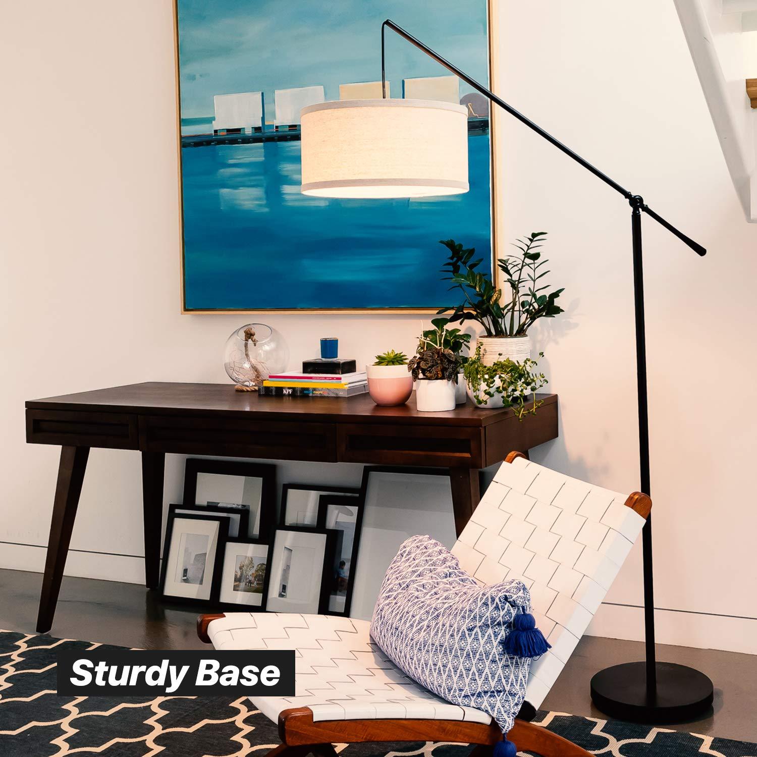 Brightech Hudson 70" Modern LED Floor Lamp with Adjustable Height, Black Finish, and Beige Fabric Drum Shade, Bulb Included