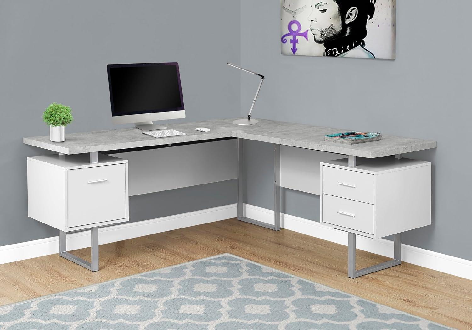 White and Gray L-Shaped Corner Computer Desk with Drawers