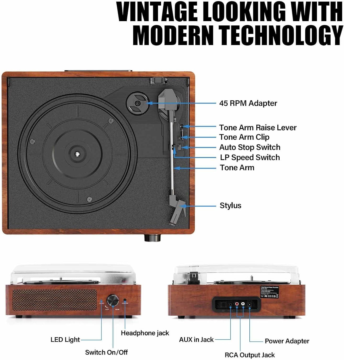 Record Players Vintage Turntable for Vinyl Records with Speakers Belt-Driven Turntables Support 3-Speed, Bluetooth Wireless Playback, Headphone, AUX-in, RCA Line LP Vinyl Players